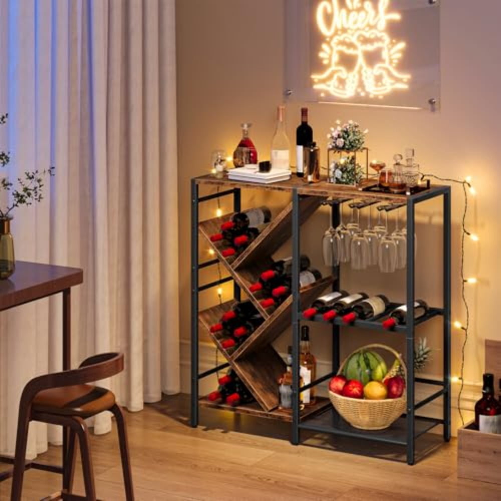 Wine Rack Freestanding Floor Wine Rack with Glass Holder Mini Bar Table ...