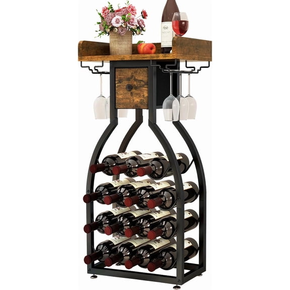 Wine Rack Freestanding Floor,Wine Storage 15 Bottles Bottle Rack with Glass Holders, Mini Bar Wine Cabinet with Storage Drawer for Home Bar Kitchen Dining Room,Rustic Brown,UTMJ908H