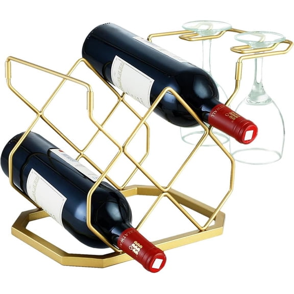 Wine Rack with Glass Shelf Countertop,Freestanding Modern Small Wine Rack, Hold 5 Wine Bottles and 2 Glasses, Metal Tabletop Wine Holder for Kitchen Wine Cellar Cabinet