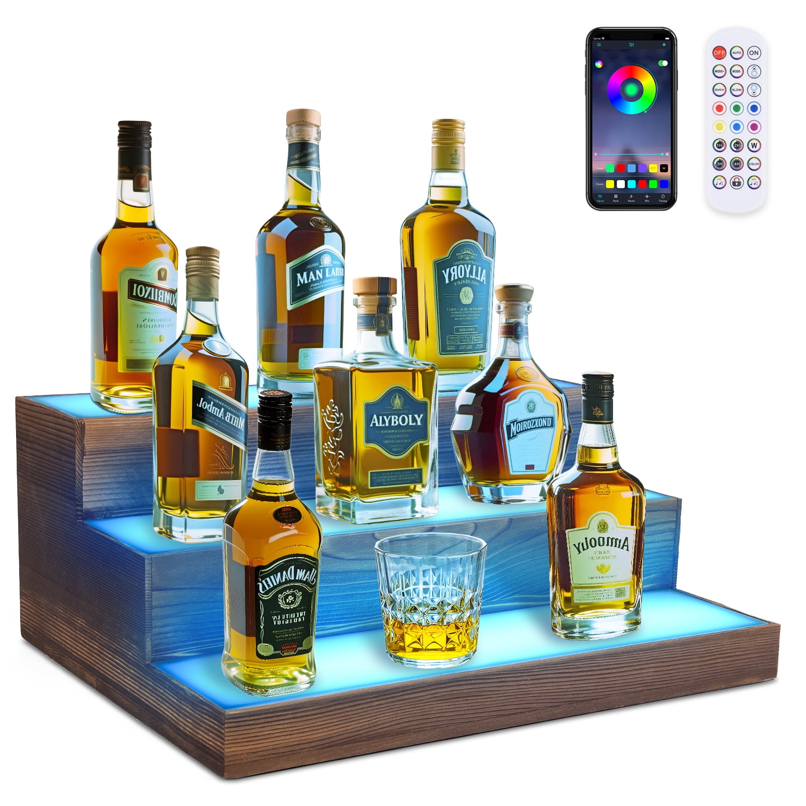 3 Tier Wine Rack with Light LED Liquor Bottle Display Case Acrylic ...