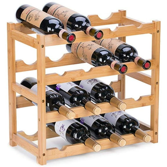 Wine Rack, Natural Bamboo Storage Rack Freestanding Countertop Stackable Display Shelf Wine Bottle Holder (4-Tiers 16-Bottles)