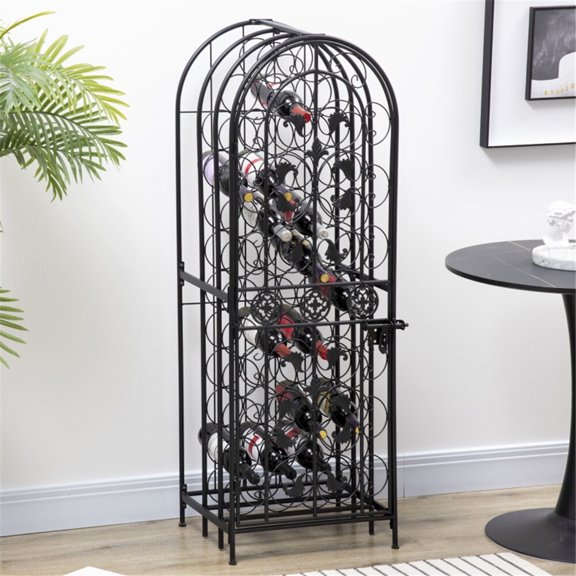 Wine Rack, Renaissance Wrought Iron Wine Jail – 45 Bottles Wine Holder 52 Inch Freestanding Floor Wine Rack with Slide-Lock Latch Door - Black