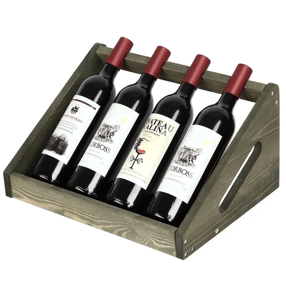 Wine Rack, Rustic Wood Wine Bottle Holder, 4 Bottles Countertop, Olive Green