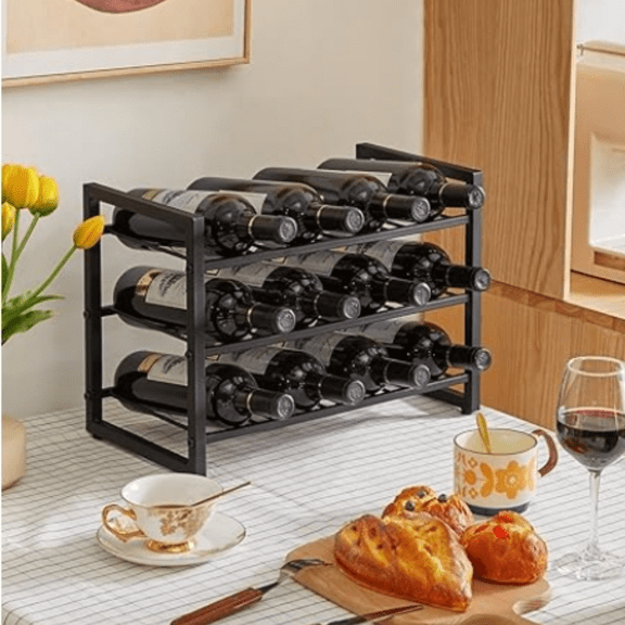 Wine Rack, Stackable Wine Storage Shelf, Liquor Bottle Holders, 3 Tier for 12 Bottles, Inserts for Cabinet, Countertop, Pantry, Bar, Small Space, Study Steel Water Bottle Organizer