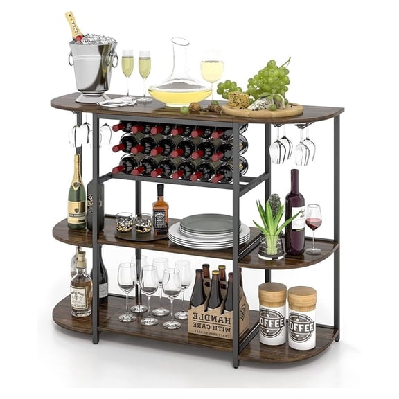 Wine Rack Table, 47 Inches Industrial Wine Bar Cabinet with Wine Rack & Glass Holders, Freestanding Floor Bar Storage Cabinet for Liquor and Glasses for Home Kitchen Dining Room (Rustic Brown)