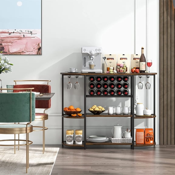 Wine Rack Table, 47 Inches Industrial Wine Bar Cabinet with Wine Rack & Glass Holders, Freestanding Floor Bar Storage Cabinet for Liquor and Glasses for Home Kitchen Dining Room (Rustic Brown)