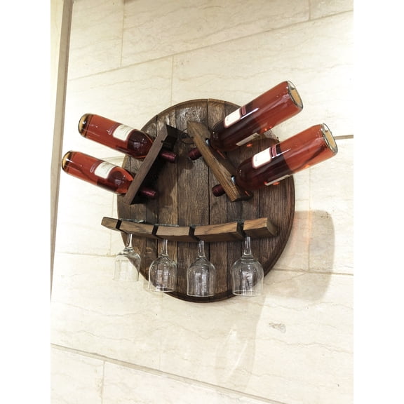 Wine Rack Wall Mount - Wine Barrel Head Bottle-Glass Display - Rustic Wall Wine Rack - Unique Wine Barrel Decor