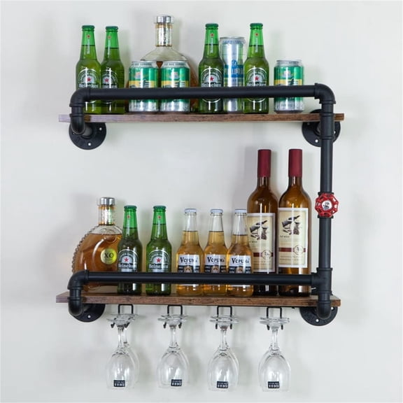 Wall Mounted 2 Tier, Hanging Floating Small Mini Bar Liquor Shelves with Glass Holder Storage Under, Rustic Pipe Farmhouse Kitchen Dr Black(23.6x10.6x19.7)