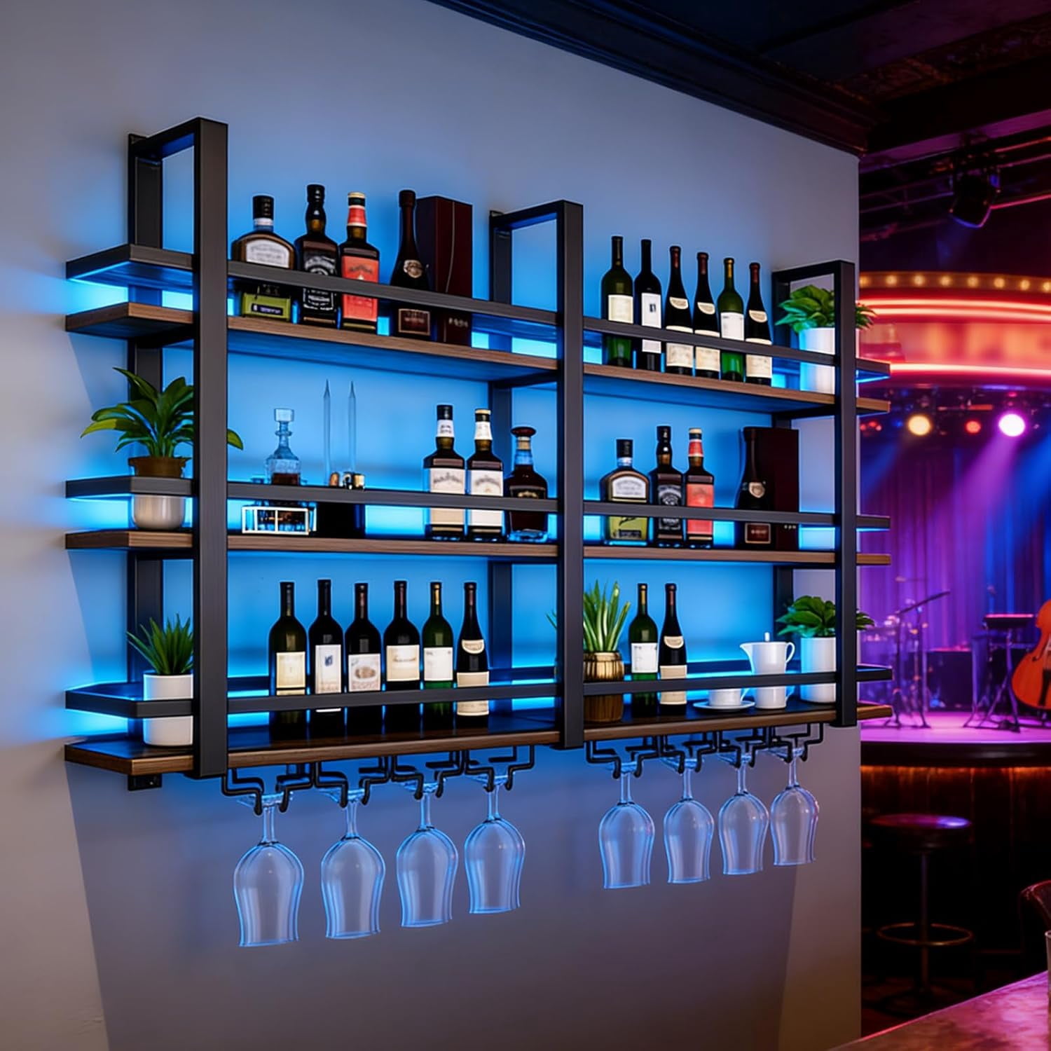 Wine Rack Wall Mounted with LED Lights, 3 Tier Metal Liquor Floating ...