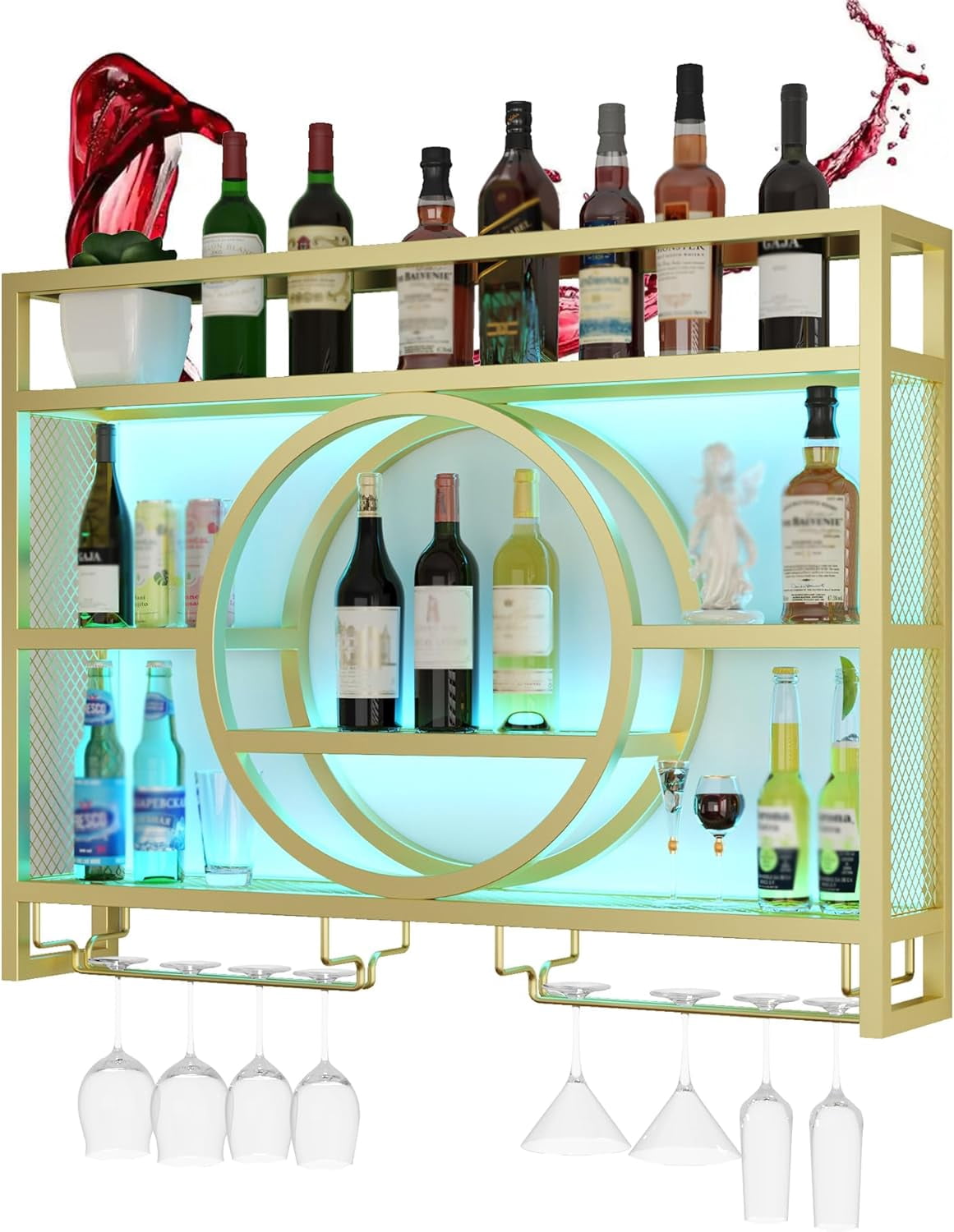 Wine Rack Wall Mounted with Wine Glass Rack Floating Bar Shelves for ...