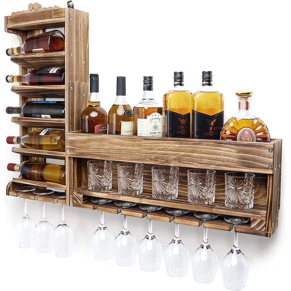 Wine Rack Wall Mounted Wood,Alcohol Shelf with Bottle Stemware Glass Holder Rustic Whiskey Display Storage with Cork Storage for Home Bar Kitchen Decor (Regular Without LED)