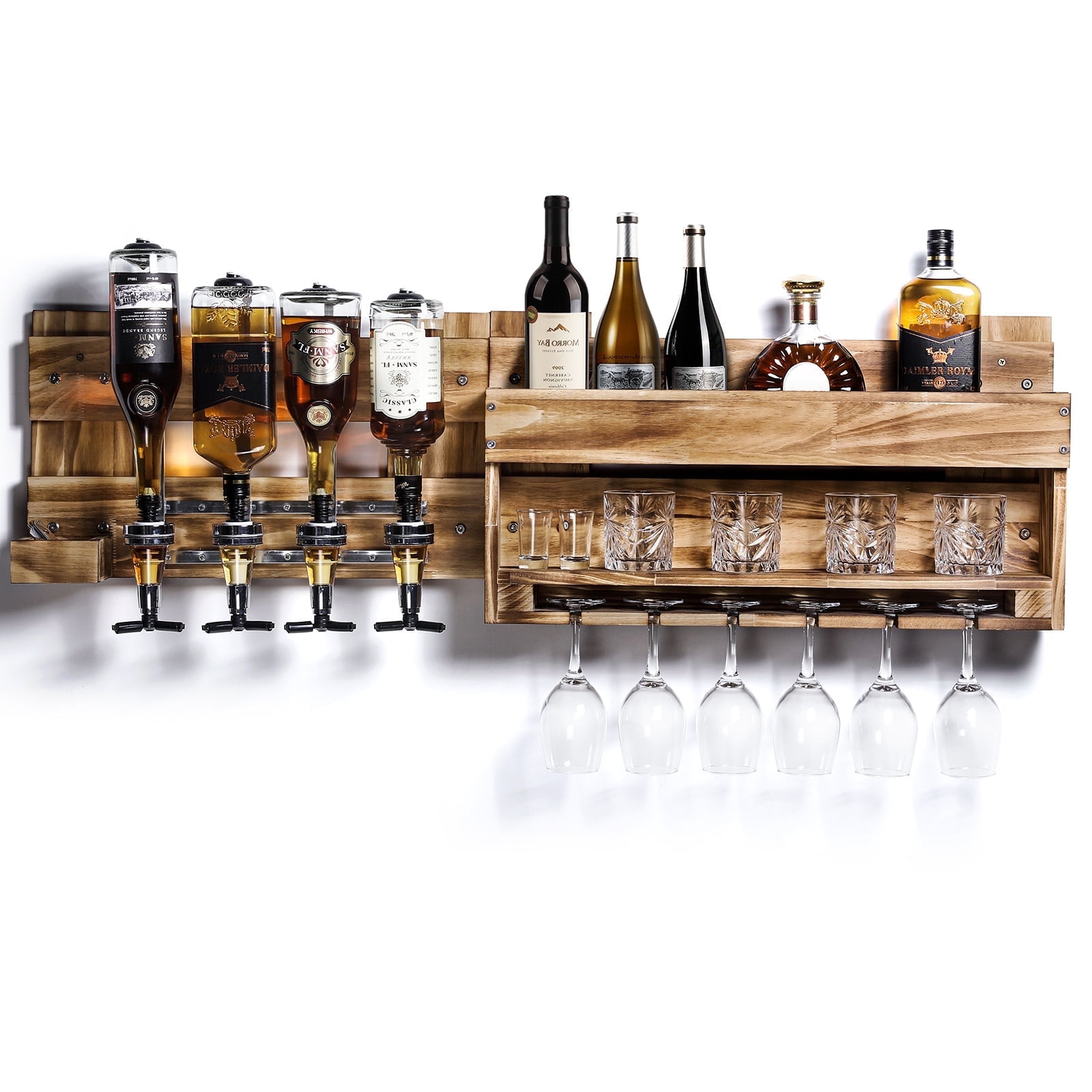 VigorPro  Wine Rack Wall Mounted Wood Alcohol Shelf with Bottles Stemware Glass Holder Rustic Whiskey Display Storage with 4-Bottle Liquor Dispenser for Home Bar Kitchen Decor