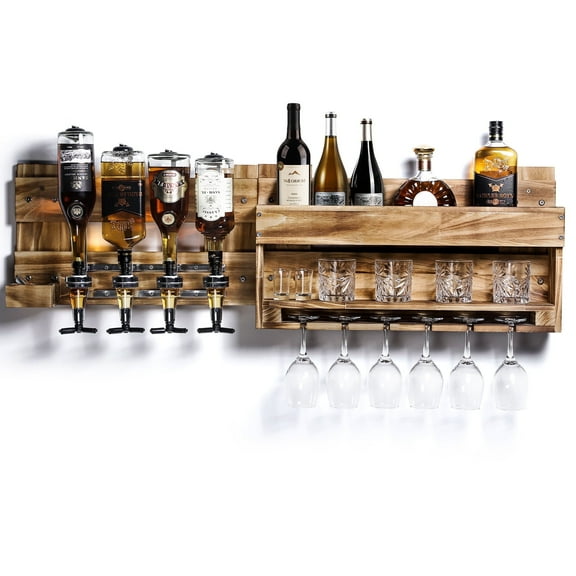 VigorPro  Wine Rack Wall Mounted Wood Alcohol Shelf with Bottles Stemware Glass Holder Rustic Whiskey Display Storage with 4-Bottle Liquor Dispenser for Home Bar Kitchen Decor
