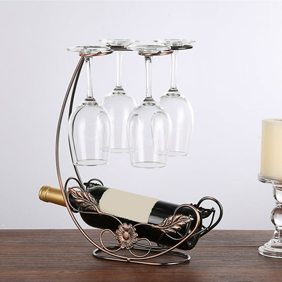 Wine Rack,Wine Holder Stand &Kitchen Tabletop Decoration,Metal Wine Bottle Rack For Holds 1 Bottle 4 Glasses