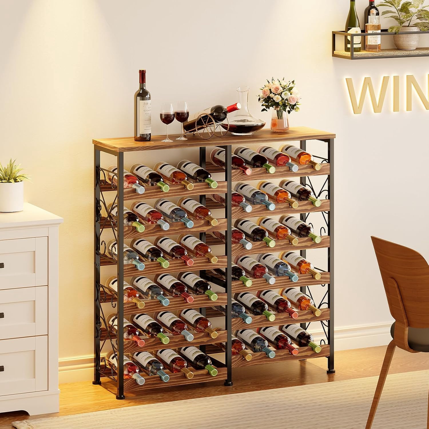 Wine Rack with Wooden Top, 48 Bottles Wine Rack Free Standing Floor ...