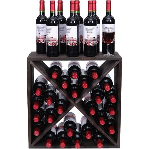 Wine Rack countertop Wooden Stackable Storage Rustic Retro Style Cube 24-Bottle Cabinet (Dark Brown)