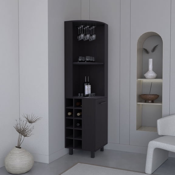 Wine Racks For Kitchen Counter, Kaia 70" Tall Corner Bar Cabinet With Four Shelves, Ten Wine Bottle Cubbies and Stemware in Black Wengue, Black Kitchen Wine Racks,Wall Mounted Wine Racks For Kitchen