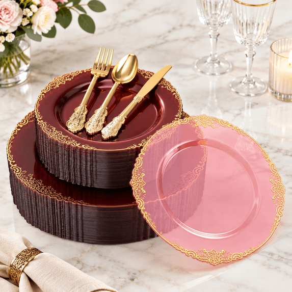 Ruby Ware Warehouse Wine Red 250 Piece Disposable Party Dinnerware Set for 50 Guests ...