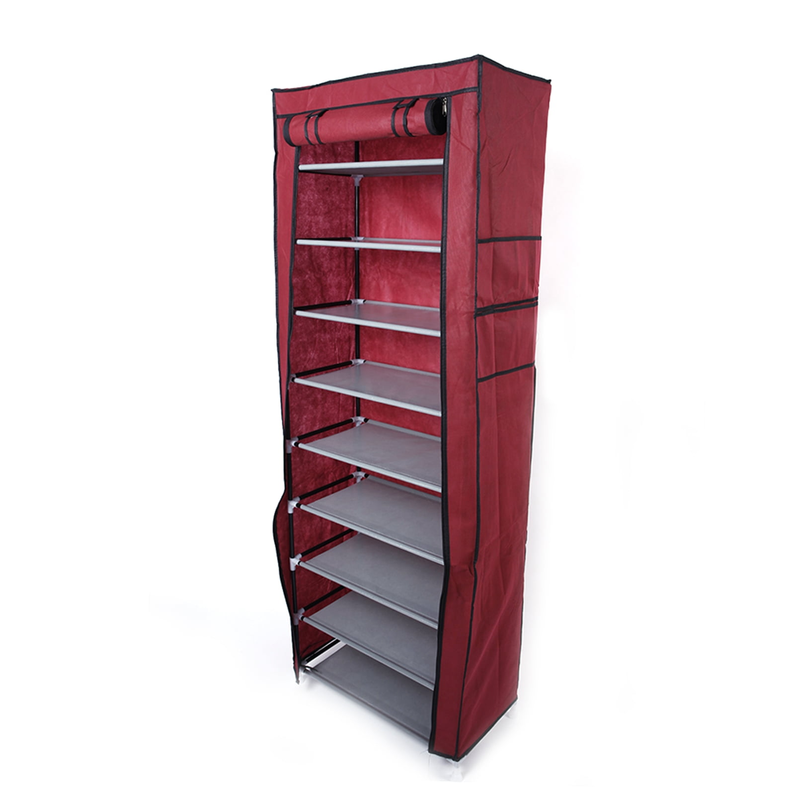 Wine Red 9-Lattice 10-Layer Shoe Rack, Non-Woven Fabric Steel Frame Compact Shoe Storage Organizer, Room-Saving Decorative Shoe Rack for Home Entryway