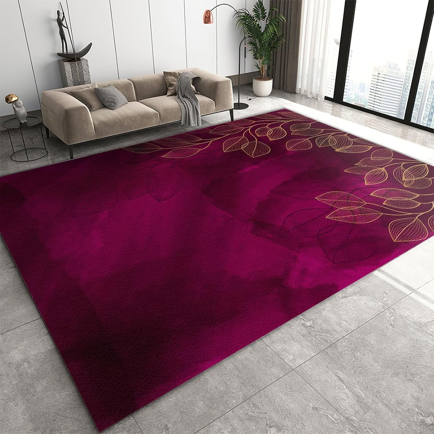 Wine Red Area Rugs Gold Leaf Rugs Burgundy Area Carpet Minimalist Solid ...