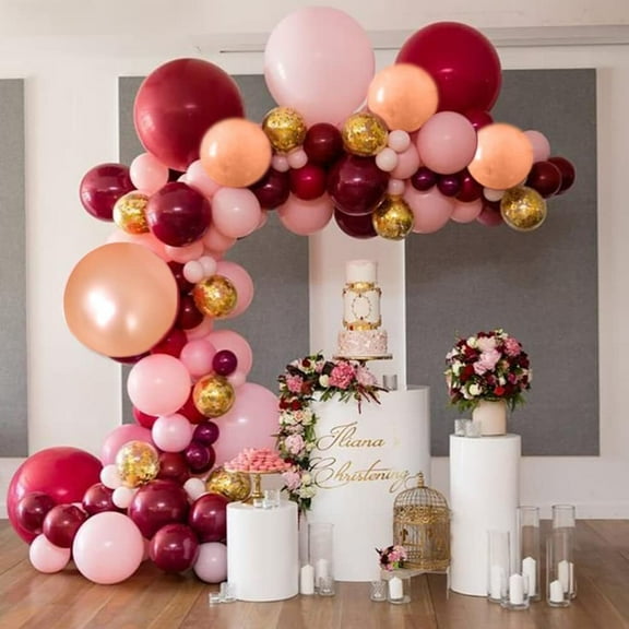 Wine Red Balloon Arch Kit, Retro Pink Balloon Garland Kit, Rose Gold Burgundy Latex Balloon Gold Metallic Balloon with Palm Leaves for Wedding Birthday Bride to Be Graduation Party Decoration