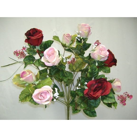 Wine Red Blush Pink Off-White Rose 25in Artificial Polysilk Faux Greenery Fake Flower Bush for Craft Home Bouquet Arrangement Ceremony Wedding Floral Wall Aisle Decor (Burgundy Mauve Cream, One each)