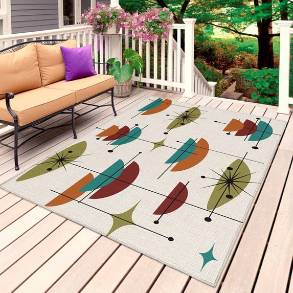 Wine Red Boho Outdoor Rug for Patio/Deck/Porch, Non-Slip Large Area Rug 5 x 8 Ft, Orange Geometric Bohemian Color Block Indoor Outdoor Rugs Washable Area Rugs, Reversible Camping Rug Carpet Runner