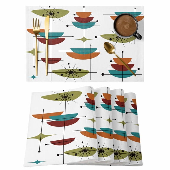 Wine Red Boho Placemats Set of 4, Geometric Abstract Bohemian Color Block Placemats for Dining Table, Place Mats for Kitchen Tabletop, Waterproof Wipeable Dining Table Mats Set