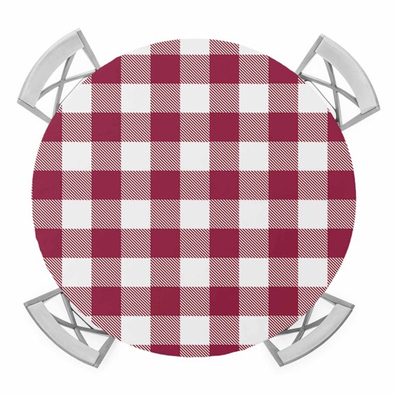 Wine Red Buffalo Check Plaid Elastic Fitted Round Table Cover Farmhouse Style Waterproof Outdoor Tablecloth for Holiday Party, Picnic, Patio & Dining Fits Tables Up to 36"-44"