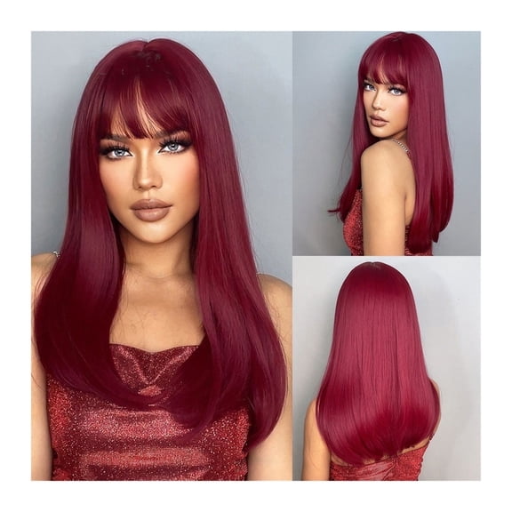 Wine Red Burgundy Straight Synthetic Wigs with Bangs Cosplay Party Long Hair Wig for Women Natural Heat Resistant Fiber