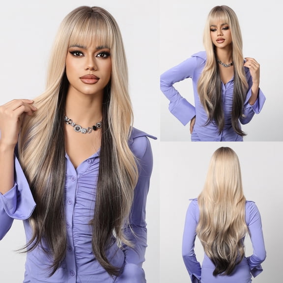 Wine Red Burgundy Synthetic Wigs Long Natural Wavy Reddish Brown Wigs with Bangs for Women Daily Cosplay Heat Resistant Fiber