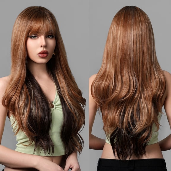 Wine Red Burgundy Synthetic Wigs Long Natural Wavy Reddish Brown Wigs with Bangs for Women Daily Cosplay Heat Resistant Fiber