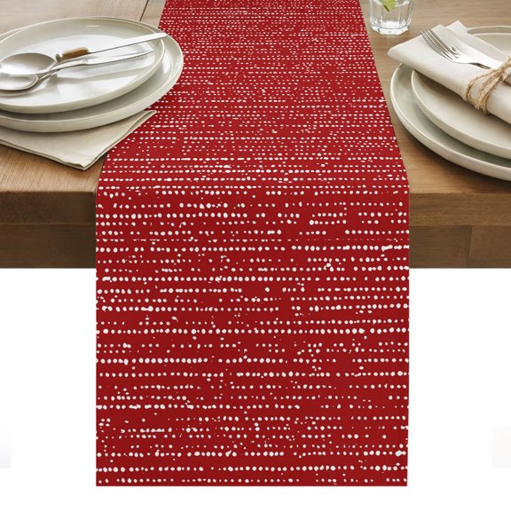 Wine Red Cotton Linen Table Runner White Dots and Lines Fiber Abstract Art Minimalist Royal Red Dining Table Runners for Home Decor Party Dining Room Restaurant Kitchen Party 13" x 36"