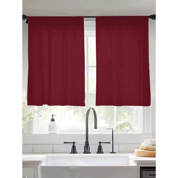 Wine Red Dark Maroon Chiffon Sheer Curtains 45 Inches Long, Burgundy Red 2 Rod Pocket Window Treatment Voile Drapes Curtains for Living Room Bedroom,2 Panels, 52x45In