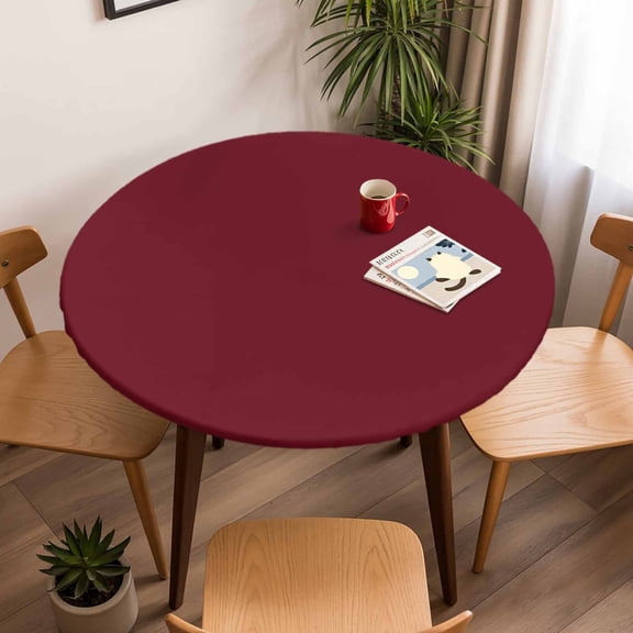 Wine Red Dark Maroon Round Fitted Tablecloth with Elastic Edge, Waterproof Table Cloth Fits Tables Up to 45"-54", Wipeable Washable Table Cover for Indoor Outdoor Dinning Party, Burgundy Red