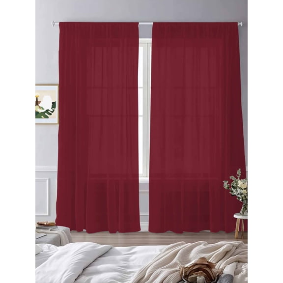 Wine Red Dark Maroon Sheer Curtains 2 Panels Set Burgundy Red Lihgt Filtering Rod Pocket Voile Drape,Semi Sheer Window Curtains for Bedroom Living Room,52"x84"