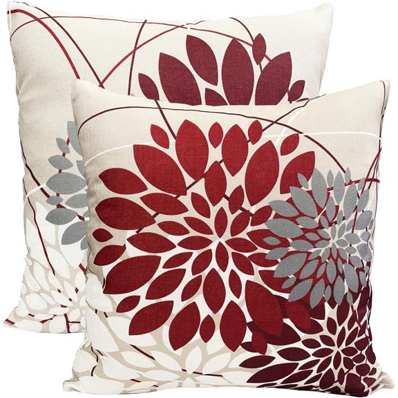 Wine Red Decorative Throw Pillow Covers 20x20 Inch Pillow Covers for Couch Living Room Bedroom Outdoor,Modern Sofa Throw Pillow Cover,Farmhouse Geometric Floral Linen Square Pillow Case,Set of 2