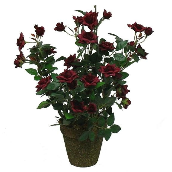 Wine Red Diamond Rose Bush 18in Artificial Polysilk Faux Fake Flower Arrangement in Mossy Clay Pot for Craft Home Bouquet Arrangement Ceremony Wedding Arch Floral Wall Aisle Decor (Burgundy, One each)