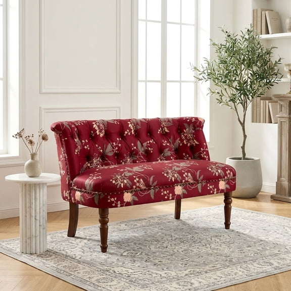 Wine Red European Style Accent Armchair with Floral Print and Button Tufted Back