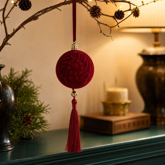 Wine Red Flocked Christmas Ornaments 8 cm, Embossed Velvet Flat Disc Hanging Balls with Tassels for Xmas Tree, Home, Holiday, Party and Wedding Decor Accent