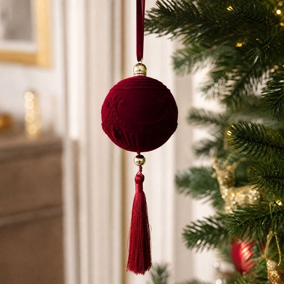Wine Red Flocked Christmas Ornaments 8 cm, Embossed Velvet Flat Disc Hanging Balls with Tassels for Xmas Tree, Home, Holiday, Party and Wedding Decor Accent