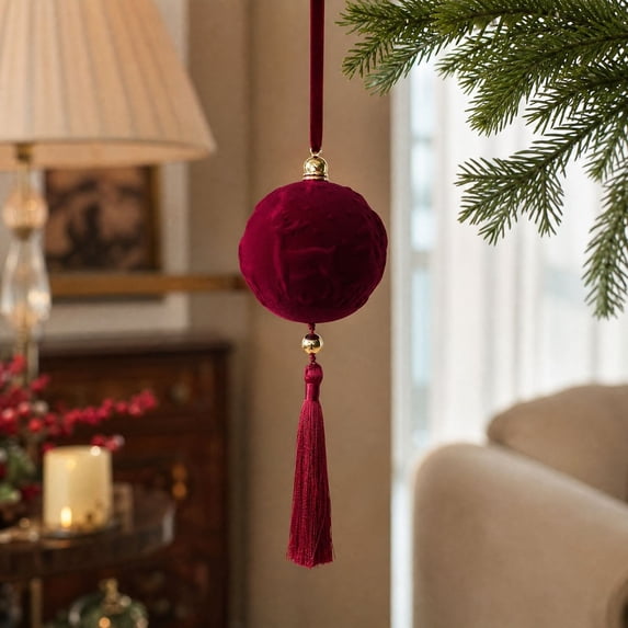 Wine Red Flocked Christmas Ornaments 8 cm, Embossed Velvet Flat Disc Hanging Balls with Tassels for Xmas Tree, Home, Holiday, Party and Wedding Decor Accent