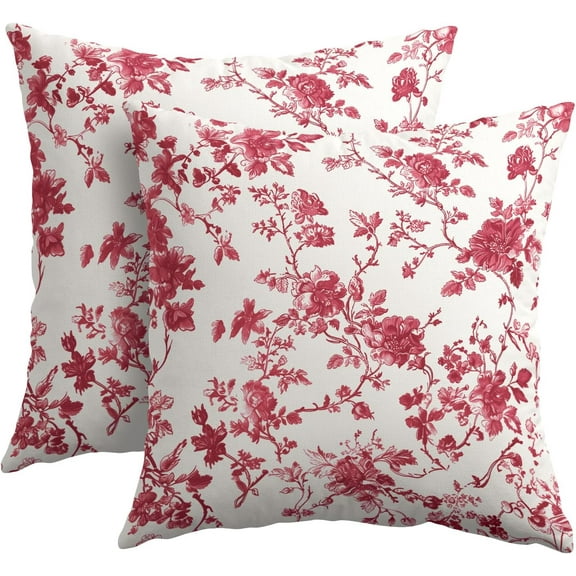 Wine Red Floral Pillow Covers 18x18 Inch Set of 2 Red and Cream Chinoiserie Flower Outdoor Decorative Throw Pillows Vintage Rustic Toile Pillowcases Cushion Covers for Couch Home Decor