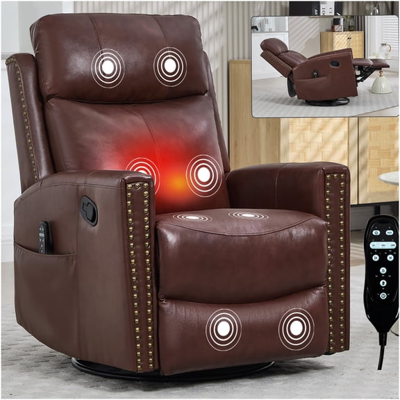 Wine Red Genuine Leather Power Lift Recliner Chair with Massage, Heat & Swivel Rocker for Living Room