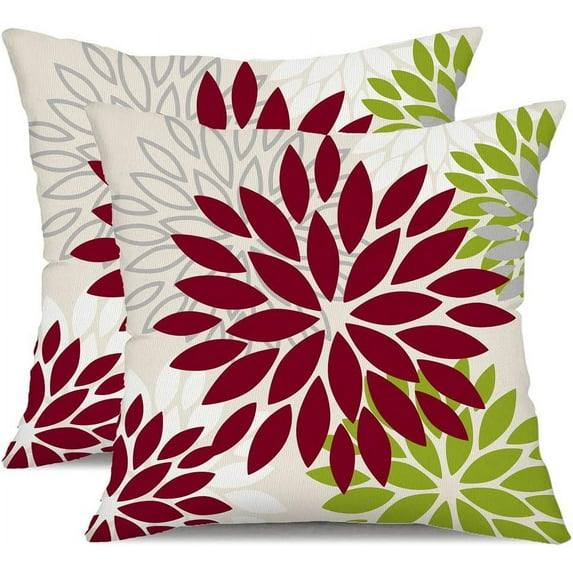 Red Green Flower Pillow Covers 18x18 Inch Set of 2 Outdoor Throw Pillows Outdoor Waterproof Decor for Living Room Sofa Patio Funiture Garden Floral Polyester Pillow Covers 002U