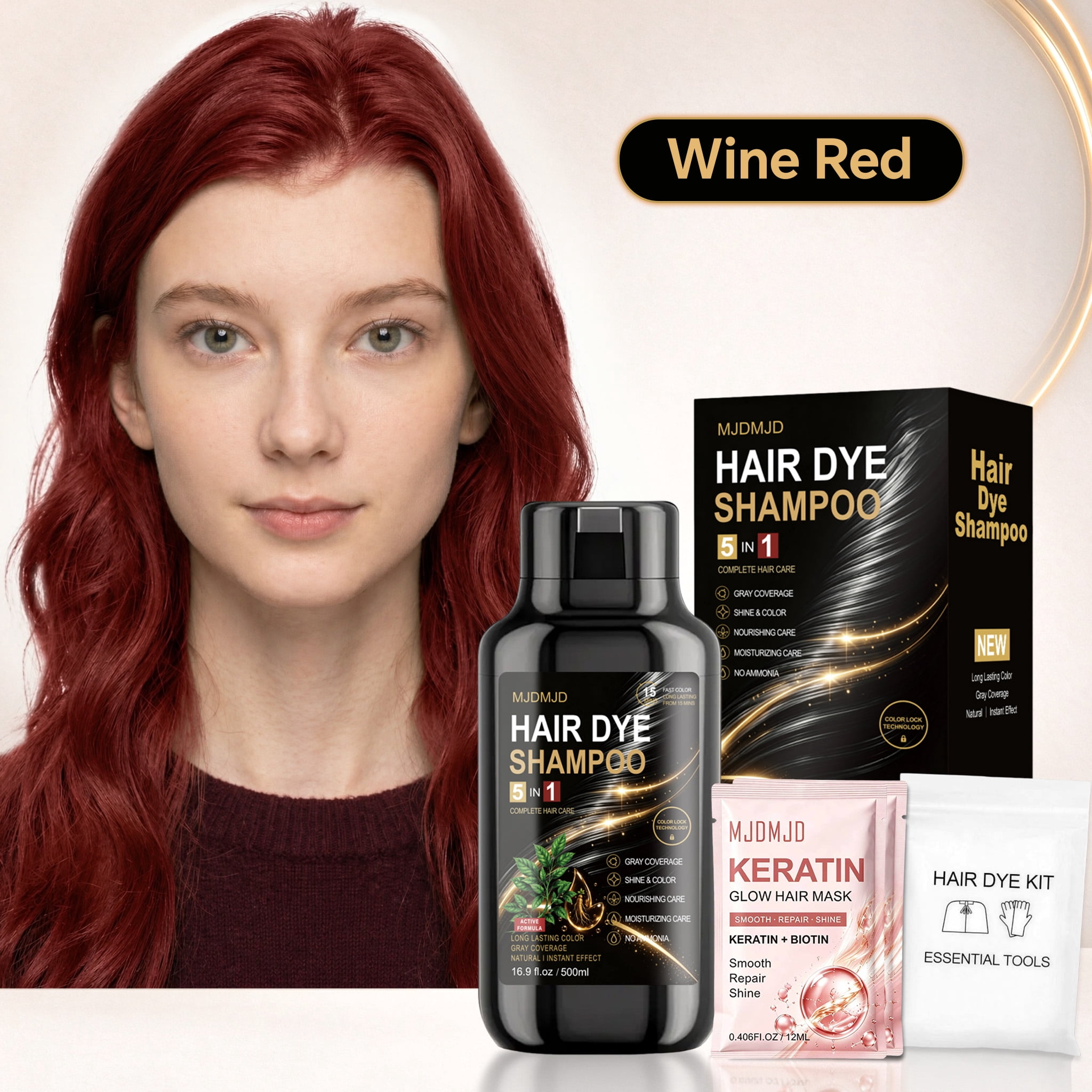 Wine Red Hair Dyeing Shampoo Kit, Ammonia-Free Semi-Permanent Hair ...