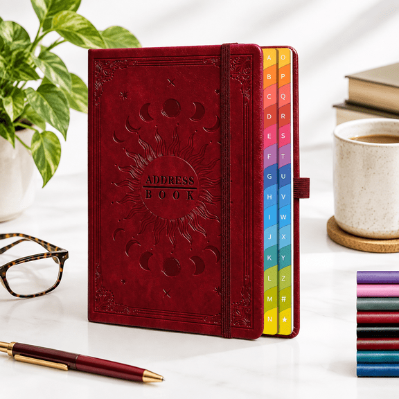 Wine Red Hardcover Address Book with Alphabetical Tabs, Contact and Password Organizer