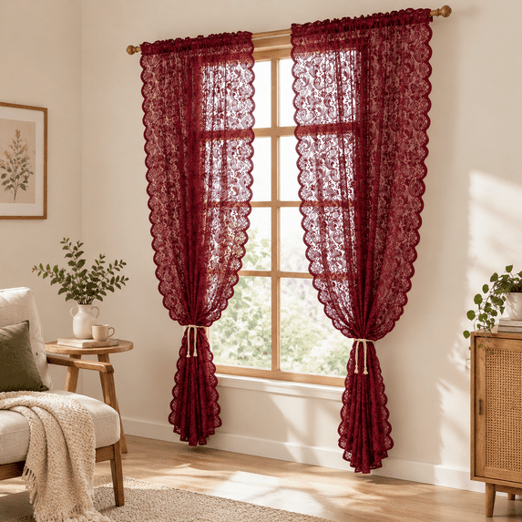 Red Dining Set Wine Red Lace Curta108 Inche Long Set Of 2 Modern Sheer Burgundy For ...