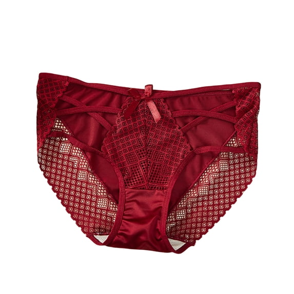 VONCOS Wine Red Lace Panties for Women, Plus Size Nylon Spandex Stretch Briefs, Mid Rise Breathable Romantic Underwear,Size L