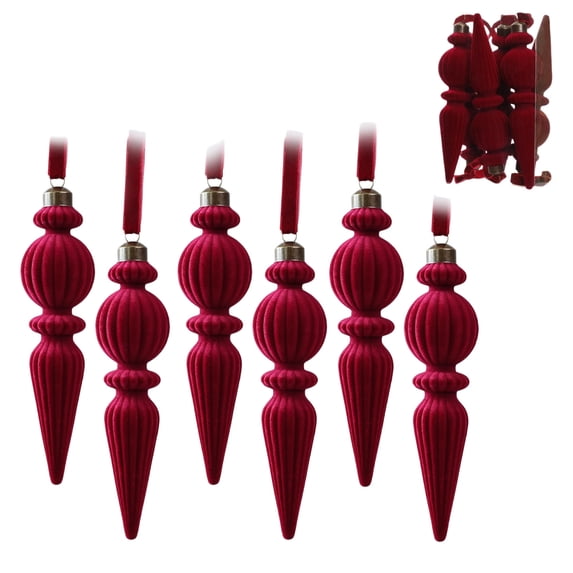 Wine Red Large Christmas Ornaments 6 Pack 17cm Irregular Flocked Tree Hanging Decor, Holiday Party Supplies